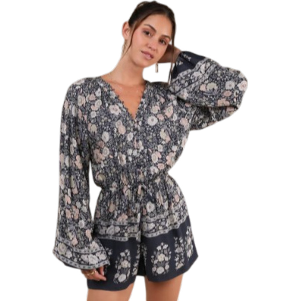 Lulus Traveled Aura Boho Romper Womens M 6-10 Charcoal Grey Floral Long Sleeve